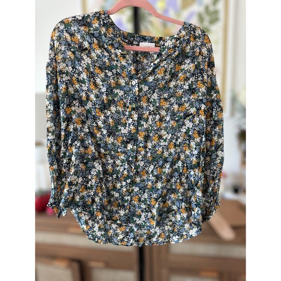 NWT J. Jill Smocked Relaxed Rayon Blouse Navy Blue Sm Wildflowers Womens Large - Picture 5 of 11